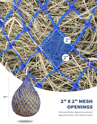 Harrison Howard Slow Feed Hay Net for Horses, 40 Inch Hay Bag Holds 1–2 Flakes, 2 Inch Mesh Durable Hanging Feeder for Stable, Pasture & Livestock-Blue