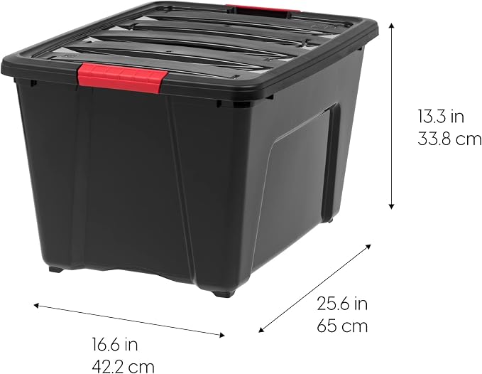 IRIS USA 4-Pack 72 Quart Storage Bins with Lids, Black | Black finish conceals stored items. Perfect for moving, blankets, clothing, and garage storage. Nestable design saves space