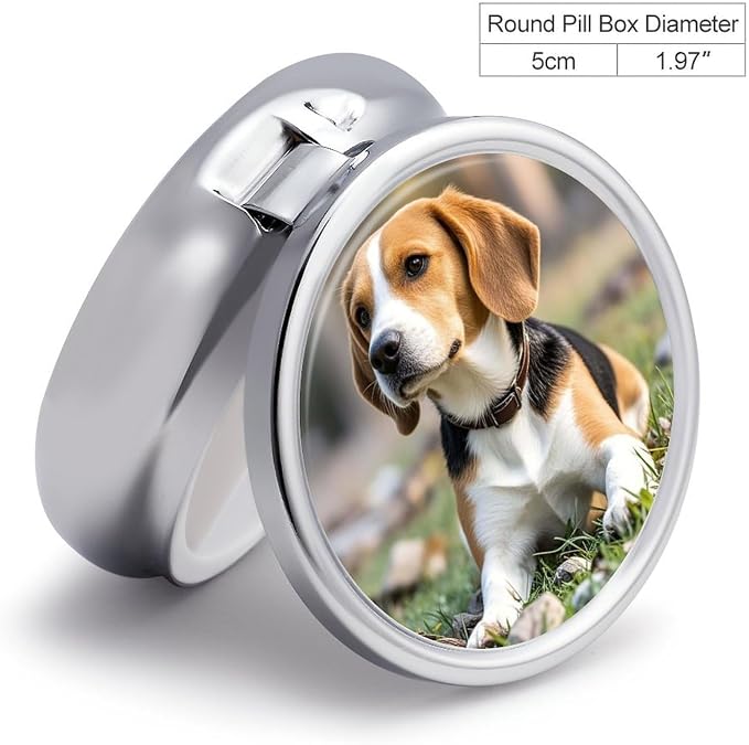 Pet Dog Beagle Round Metal Pill Organizer 3 Compartment Travel Pill Case with Mirror Waterproof & Leak-Proof for Daily Meds Vitamins Supplements Fits in Purse Pocket Bag