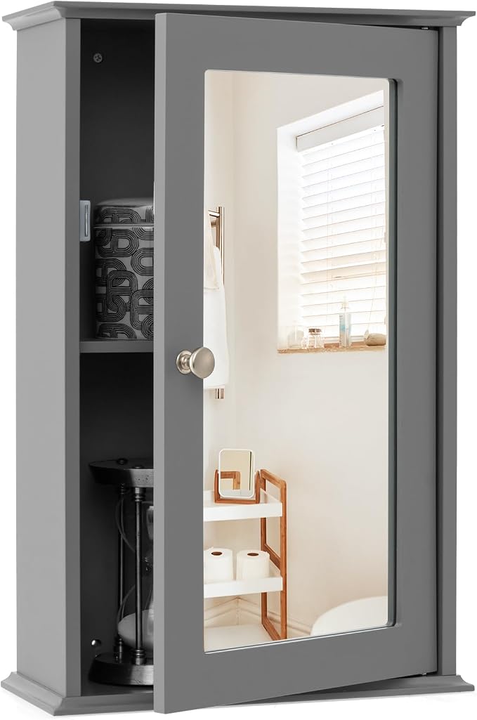 LOKO Bathroom Medicine Cabinet, Wall Mounted Storage Cabinet (Grey) | Single Mirrored Door | Adjustable Shelf | For Bathroom, Living Room, Entryway | 13.5 x 6 x 21 inches