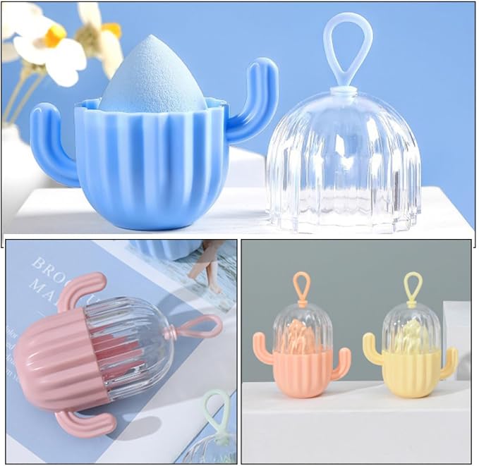 Makeup Sponge Storage Boxes Organizer Case Cactus Shape 5pcs Portable Cosmetic Powder Puff Holders with Pp and Pet Material for Women Desktop Decoration