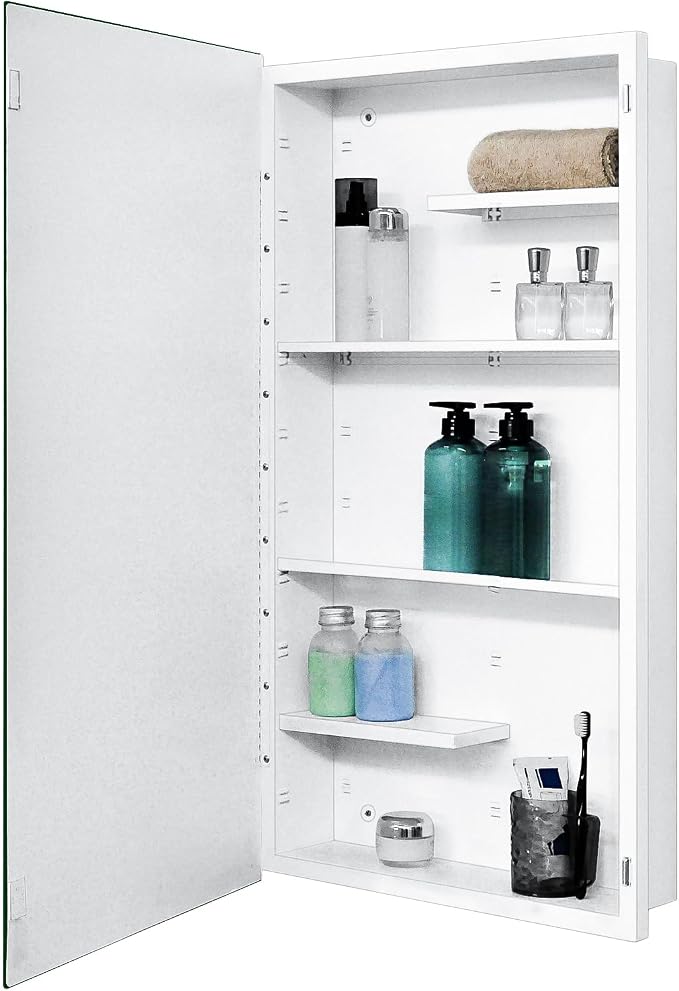 White Metal Medicine Cabinet, 20 x 36 Beveled Mirror, Surface Mount Storage | 20 x 36 Bathroom Mirror Cabinet with Adjustable Staggered Shelves, Continuous Piano Hinge, Reversible Door Swing, Matte White