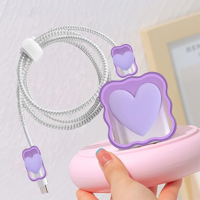 Cute Cable Protector for iPhone Charger with Unique Design 3D Love Heart Wave Data Cable USB Charger Data Line Phone Wire Saver Protector for iPhone 11 12 13 14 Pro Max Charger Protector-Purple