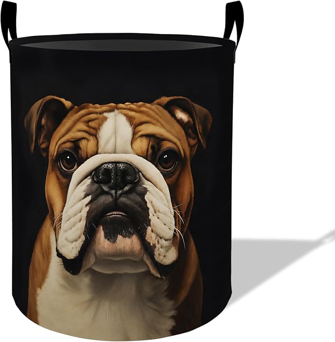 Bulldog Laundry Basket Hamper 19.7"x15.8", Organizer Bins Gifts for Women Men Adults, Cute Dog Foldable Waterproof Oxford Clothes Storage Bucket for Bedroom Bathroom Decor
