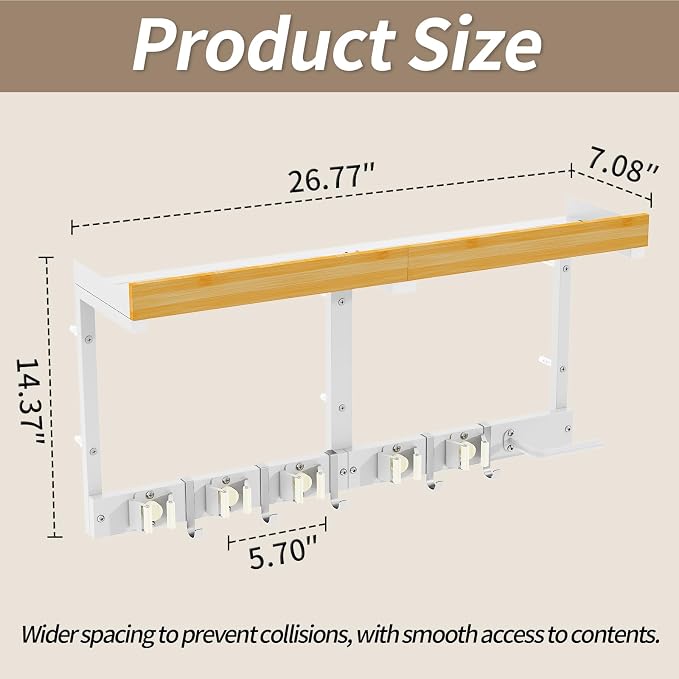 Broom and Mop Organizer Wall Hanging, Broom Hanger Holder Wall Mount | 3-in-1 Mop and Broom Holder Wall Mount with 5 Racks,5 Hooks,Storage Shelf & Vacuum Organizer for Garage,Kitchen,Laundry Room