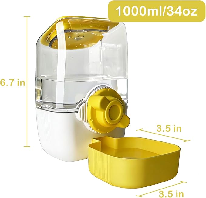 Rabbit Water Bottle, 34oz Pet Hanging Water Dispenser, Cat Water Feeder for Small Animal Ferret Guinea Pig Chinchilla Small Dog Cage Grid Spacing 1.2''-2.1''(Yellow)