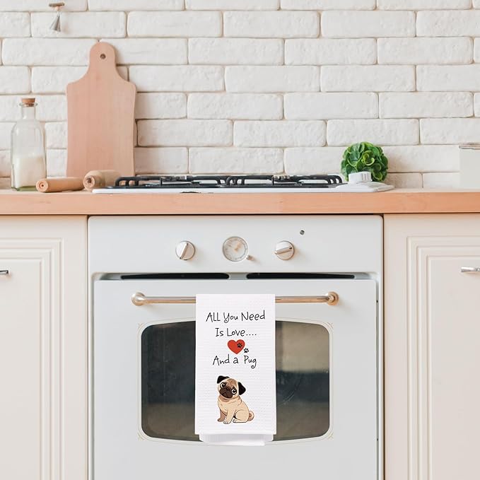 SPBL&L Pug Dog Kitchen Towels, Pug Gifts for Pug Lovers Women, Pug Dog Dish Towels for Kitchen, All I Need is Love and a Pug Decorative Hand Towels, Pug Bathroom Kitchen Decor, 16x24 Inches