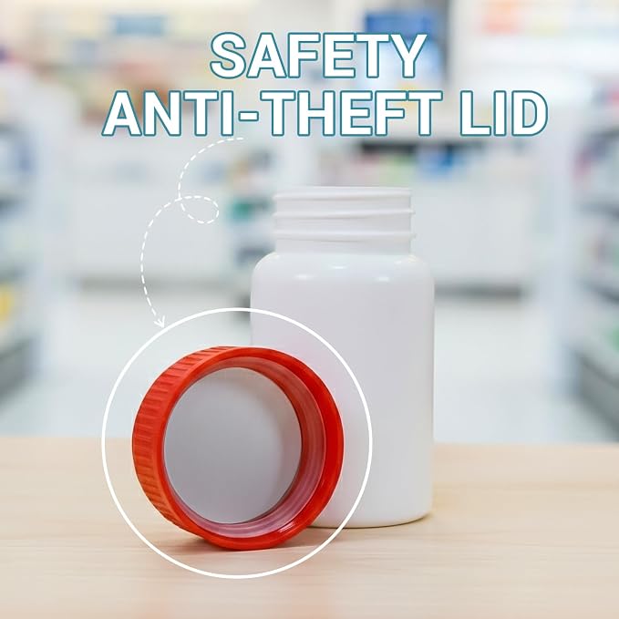 3.4oz Plastic Pill Bottles with Child Resistant Caps, Empty White HDPE Solid Containers with Labels, Reusable Supplement Bottles for Powder, Pills, Vitamins (8 Pack)
