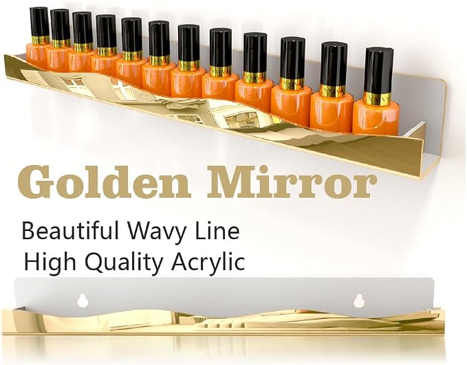 Wall-Mounted Nail Polish Organizer Rack - 15-Inch Gold Mirror Finish Nail Polish Shelf, Makeup & Beauty Essentials Storage - Multi-Purpose Display Holder for Small Space, Vanity Bathroom, 6 Pack