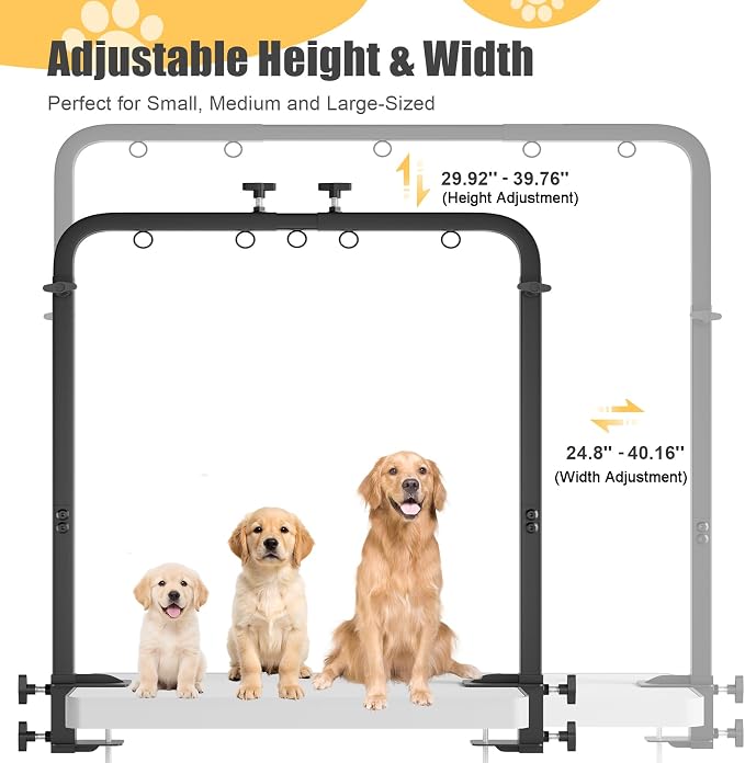 Dog Grooming Table Arm - Adjustable Height & Width, Heavy Duty Dog Grooming Station with 4-Piece Scissors Comb Set, Includes Adjustable Hammock & 2 No-Sit Haunch Holders for Dogs & Cats
