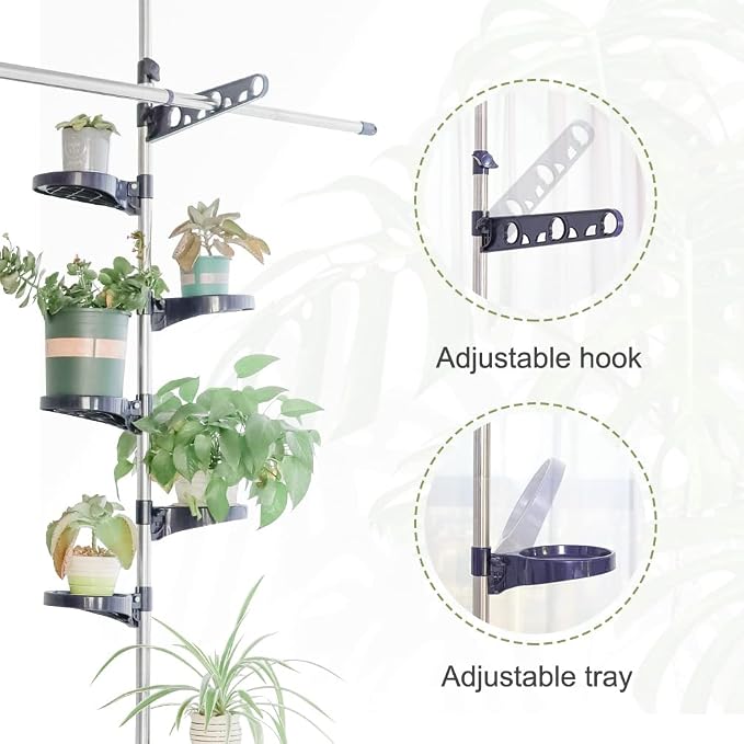 Plant Stand Floor to Ceiling-12 Trays Flower Pot Holder Tension Rod | Indoor Telescopic Navy Blue Display Rack with 2 Hooks & Drying Rod | Adjustable Storage Organizer for Home Garden Decor