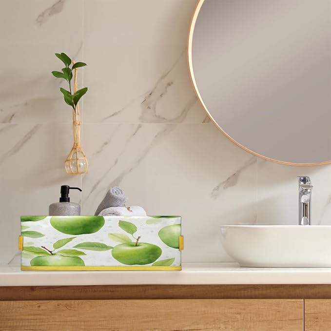 Green Apples Pattern Bathroom Storage Basket Waterproof Foldable Storage Bins with Handles Decorative Toilet Paper Storage Basket for Organizing for House Bathroom Toiletries