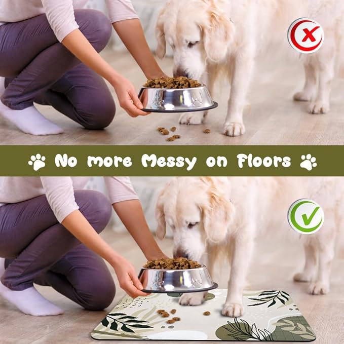 Dog Food and Water Bowl Mats - Waterproof, Absorbent Pet Feeding Placemats for Floors - Bohemia Tropical Leaves Design, 24 * 32 Inch