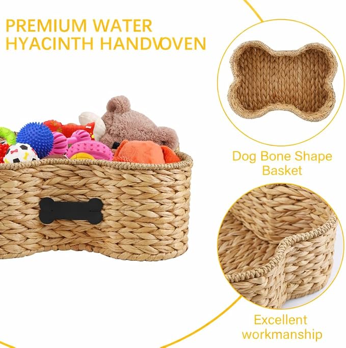Pet Dog Toy Basket - Bone Shape Storage Bin, Personalized Organizer for Cat Toys, Wicker Holder Box for Living Room, Handmade Water Hyacinth