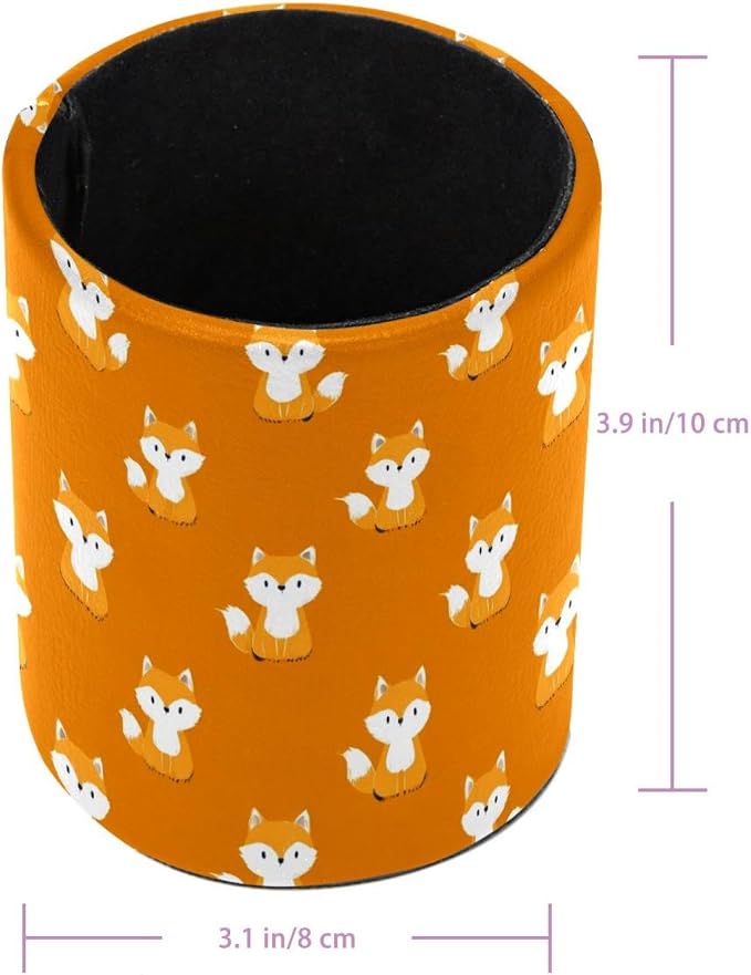 Faux Leather Pen Holder for Desk, Pencil Organizer Cartoon Little Fox Pen Cup Desk Decor Makeup Brush Holder Storage for Office Home