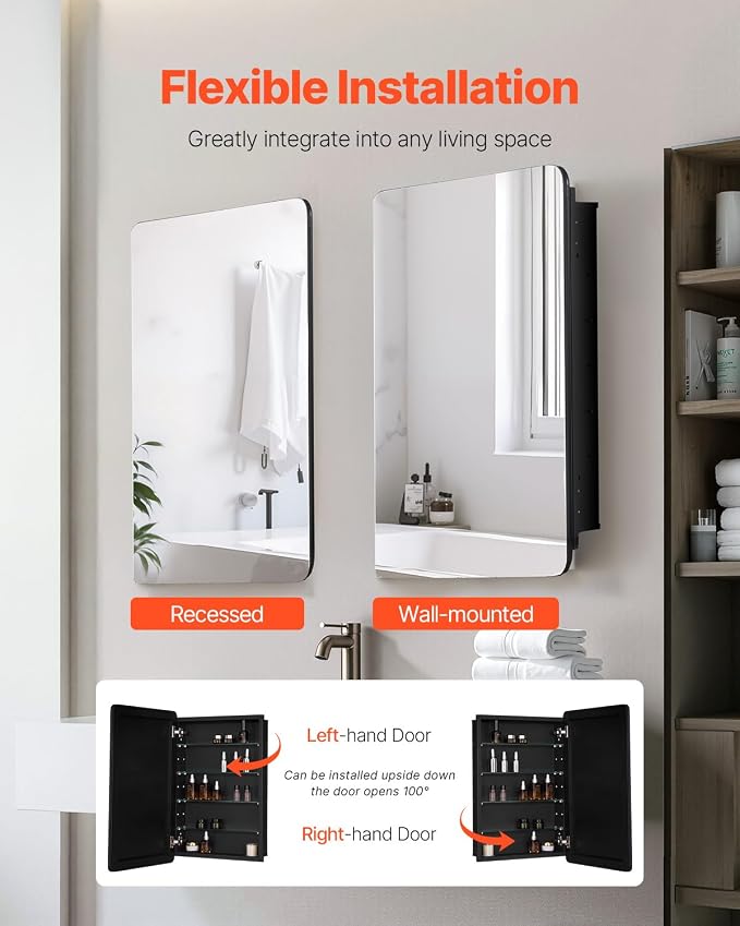 VEVOR Medicine Cabinet, 20 x 30 inch, Medicine Cabinet for Bathroom with Mirror, Aluminum Frame Bathroom Wall Cabinet, 4-Layer Adjustable Shelves, Recessed & Wall-Mounted Installation