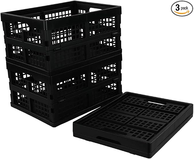 Morcte 3-Pack 15 L Plastic Collapsible Storage Crates, Black | Folding Plastic Crates, Foldable & Stackable, Sturdy & Lightweight, for Home, Office