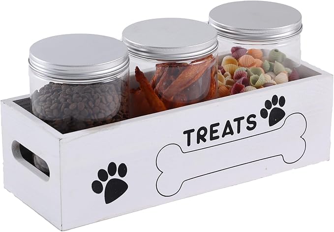 Dog Treat Container Cat Food Organizer with 3 Jar Pet Snack Container Decorative Pet Food Containers Farmhouse Decor Gift for Pet with Reusable Sticker & Marker - Bone Shape