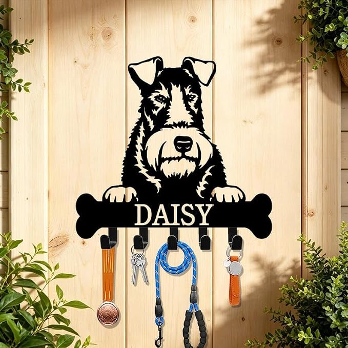 Custom Wire Fox Terrier Dog Collar Holder, Pet Accessory Organizer | Key Holder Wall Mount, Dog Lover Gifts, Metal Decor, House Warming Gifts New Home, Dog Leash Holder for Wall
