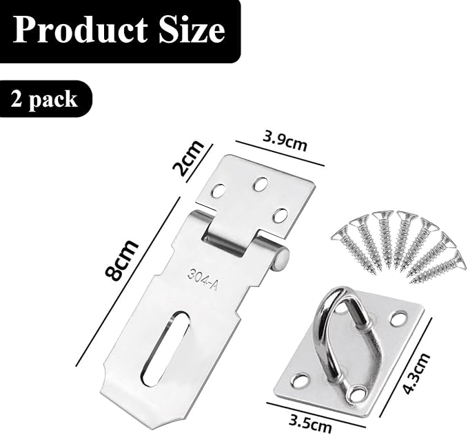 2 Pack Stainless Steel Padlock Hasp, Security Lock Latch, Heavy Duty Gate Staple for External Doors, Shed Door, Fence, Window, Cabinet, Pet Cage, Crate, Silver (3 Inch)