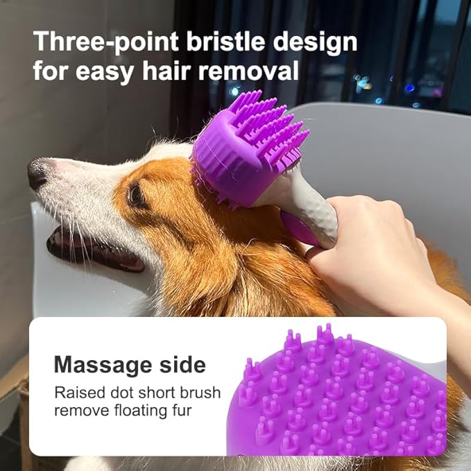 Pet Dog Bath Brush, 2 in 1 Silicone Brush Bathing Grooming Massage Brush with 6.8oz Shampoo Dispenser for Long & Short Haired Dogs Cats Shower