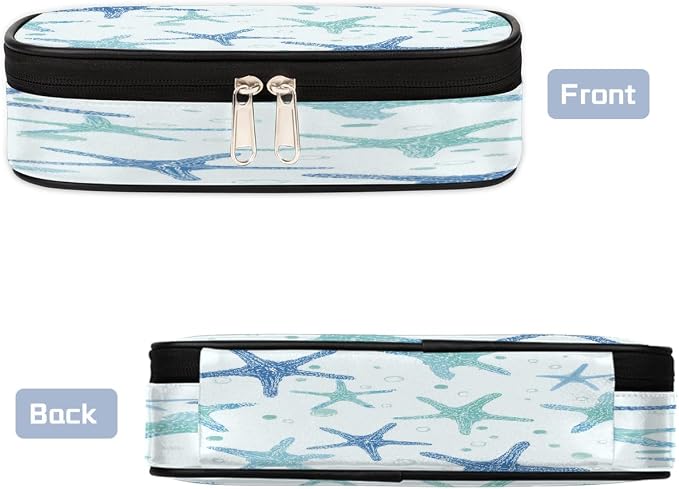 Teal Blue Starfish Pattern Pencil Case Pouch, Big Capacity Waterproof Pen Bag for Students Teens Adults, Large Storage Organizer for Stationery