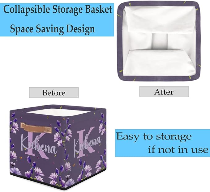 Personalized Name-Initial Purple Flower Storage Baskets for Women Girls, Custom Portable Square Storage Bins with Handles Foldable Organizer for Clothes, Toys, Blanket, Towel,Pet 13”