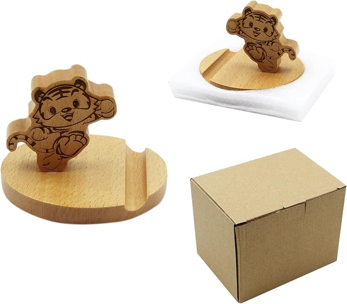 Cute Tiger Wooden Smartphone Desk Holder for All Mobile Phones with Anti-Slip Base and Groove for Phone