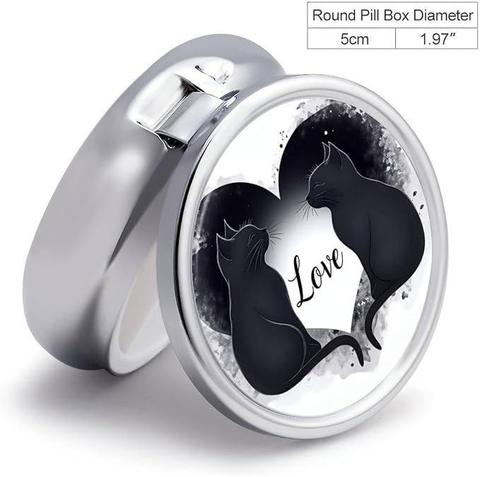 Loving Cats Metal Round Pill Box, 3 Compartment Travel Organizer, Portable Pill Container with Secure Latch, 2 Inch Circular Vitamin Caddy for Pills and Vitamins, Gift for Him Her Elderly