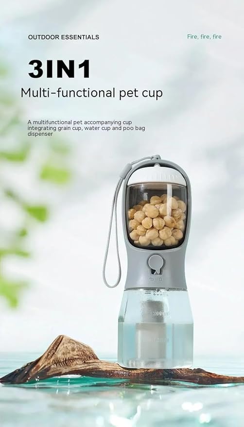 Three-in-one Portable Multi-Functional Pet Cup (Includes 1 Roll of Poop Bag) (Capacity 20 oz Water, 100 gm Food) (Twilight Gray)