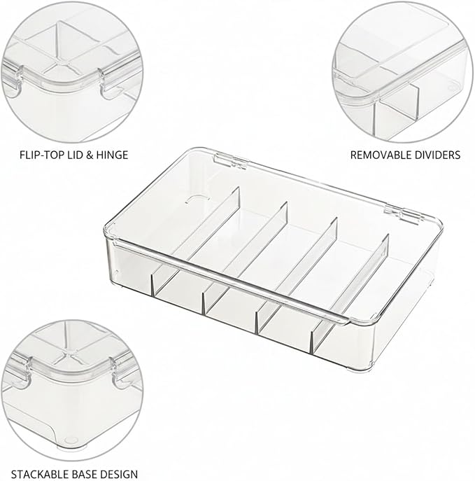 Stackable Storage Box with Compartments, Clear PET Plastic Organizer for Desk and Drawer, Dustproof Flip-Top Lid (1 PC)
