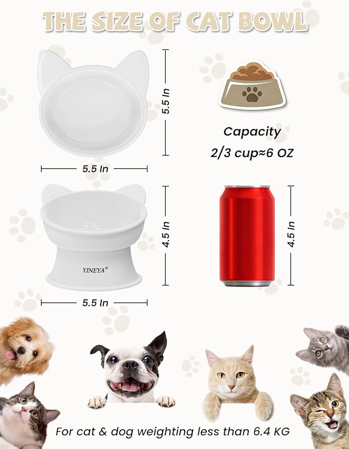 YINEYA Cat Bowls, Cat Food Bowl Elevated to Protect Neck & Anti-Vomit, Whisker-Friendly Raised Food & Water Bowls for Indoor Cats/Small Dogs, Cute Pet Feeding Bowl 6 OZ Each, Dishwasher Safe, White