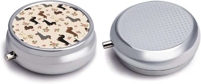 Travel Pill Box, Cute Dachshund Floral Round Portable Organizer, Small Case with Mirror, Pocket Purse Dispenser for Vitamins