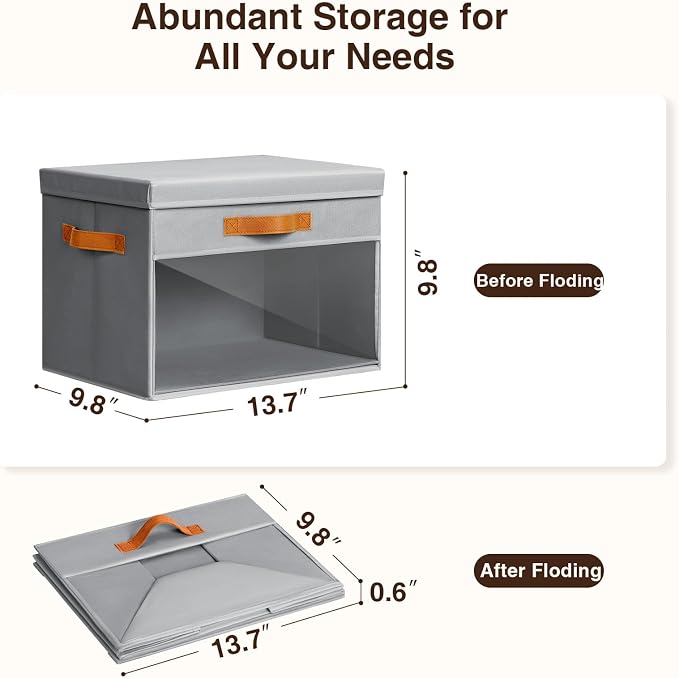 Large Storage Bins with Lids - 6 Pack Foldable Decorative Organizers with Clear Windows & Handles, Cube Storage Organizers for Clothes, Blankets, Sweaters, Sheets, Grey