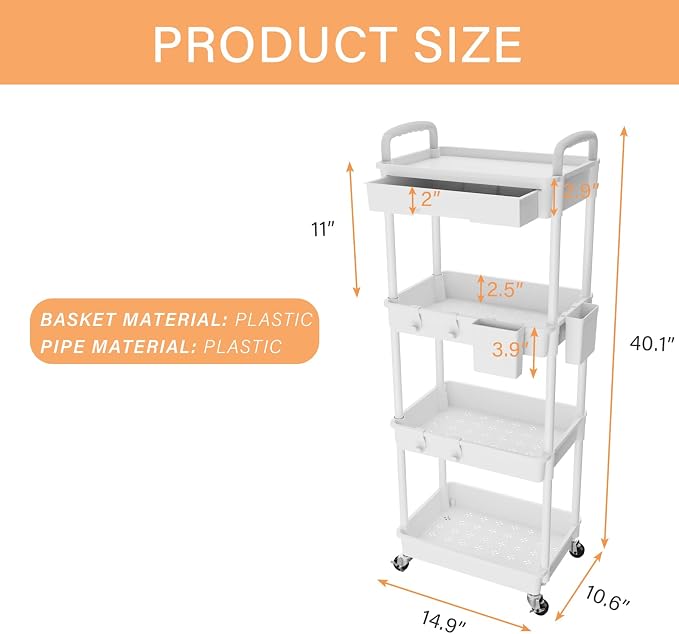4 Tier Rolling Utility Cart with Drawer,REBECAT Utility Cart Made of Multifunctional Storage Organizer Tool for Kitchen,Bathroom,Living Room,Office(Gray)