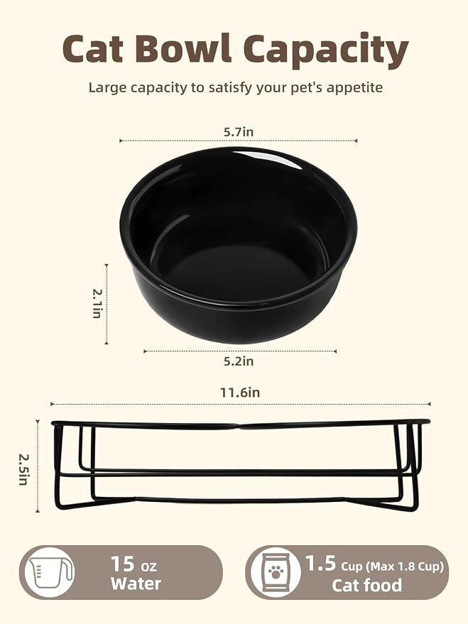 GDCZ Elevated 15 Oz Ceramic Double Cat Bowls with 11.6x2.5 Inch Stand (Black)