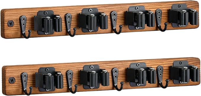 Lorbro 2 Pack Broom Holder Wall Mount, Wooden Rack with 4 Slot & 4 Hook | Broom and Mop Organizer Wall Hanging, Tool Organizer for Laundry Room, Closet, Garage, Kitchen