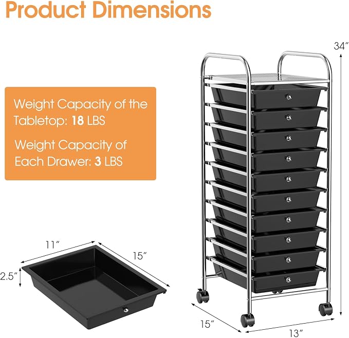 10 Drawer Rolling Storage Cart, Organization Cart with Drawers for Craft Makeup Paper Tool Art Supply, Versatile Utility Cart on Wheels for Home Office Classroom School (Black)