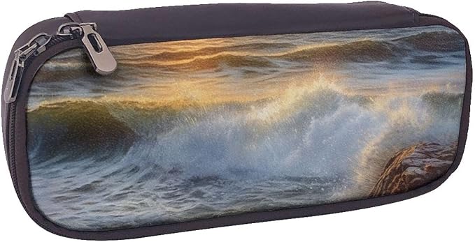 Leather Pencil Case Organizer Big Capacity Pencil Pouch Storage Bag With Compartments Cute Pencil Bag Rocky Wave Sunset Painting Pen Box Portable Cosmetic Makeup Bag Organizer