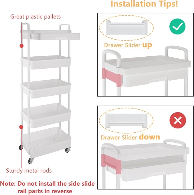 Calmootey 5-Tier Utility Cart with Drawer & Wheels, Storage for Home,Office | Space-Saving Organizer, Sturdy Plastic Shelves, Smooth-Rolling Metal Wheels, Built-in Drawer for Small Items, White