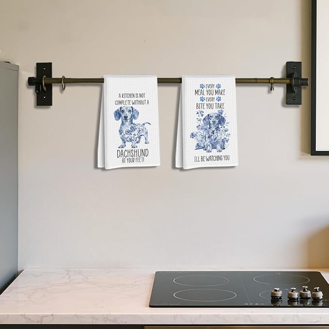 2 Pcs Chinoiserie Dachshund Kitchen Towels 24x14 Inch, Dachshund Gifts Reusable Dish Towels for Kitchen Decor, Blue and White Floral Waffle Weave Hand Towel, Weiner Dog Gifts for Women Mom