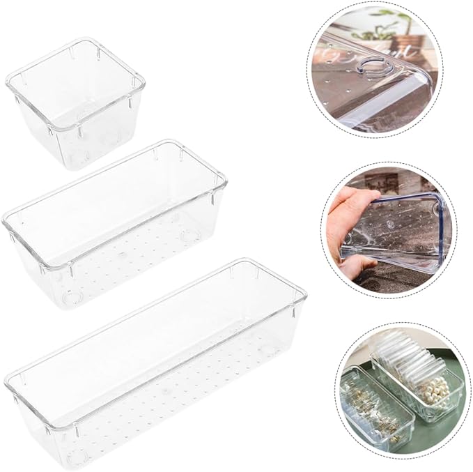Lurrose 6pcs Multi-functional Clear Drawer Organizer Set Transparent Storage Trays for Makeup Office Supplies and Kitchen Utensils for Spaces and Easy Cleaning