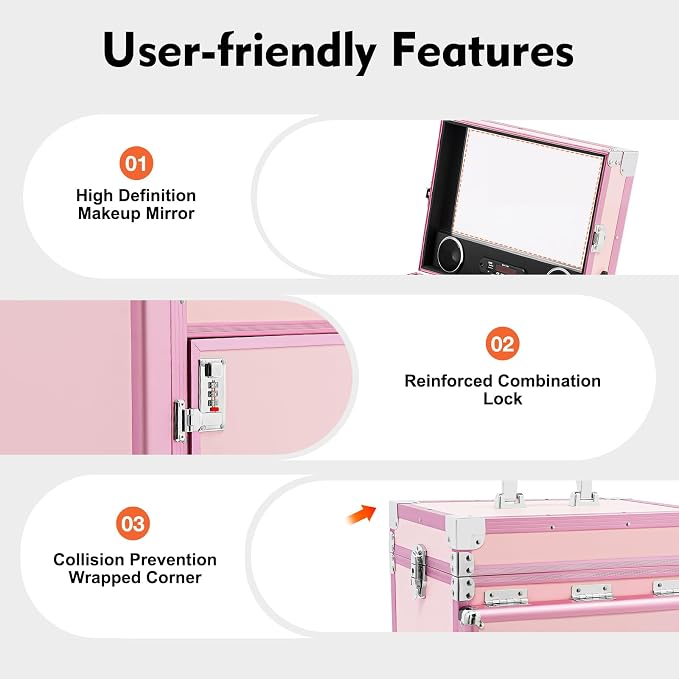 Rolling Manicure Table Makeup Train Case, Portable Nail Table Travel Cosmetic Trolley Storage Organizer Travel Nail Desk Nail Tech Travel Case with 4 Drawers Mirror & Speaker