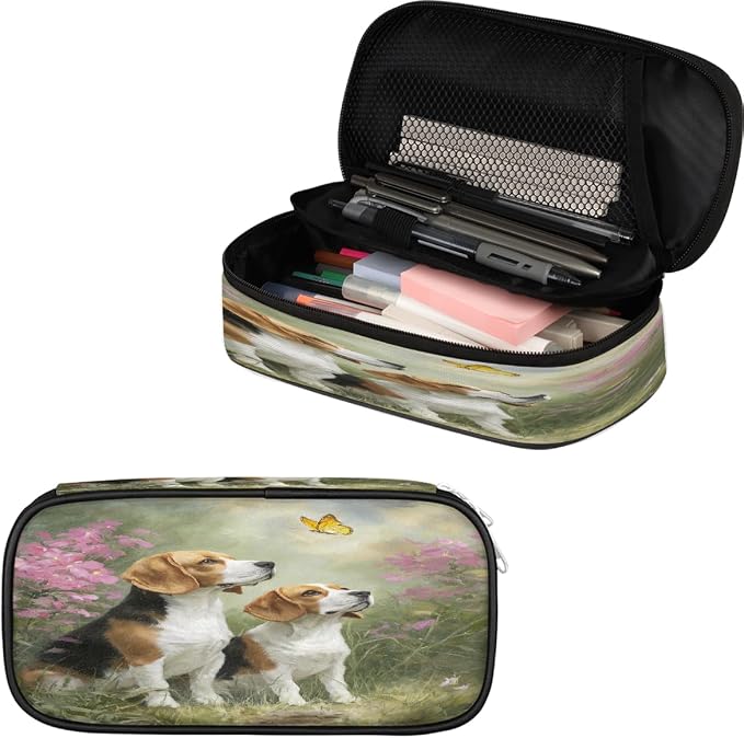 Pencil Case Large Capacity Pencil Bag Two Cute Beagle Dogs Floral Pouch Box Organizer Pen Case, School Supplies for Teen Adult