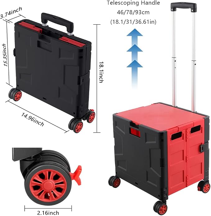 Foldable Shopping Utility Cart Portable Rolling Crate Handcart with 360°Rotate Wheel,Hidden Lid,Telescoping Handle Collapsible for Travel Shopping Moving Storage Office Use(Black/Red)