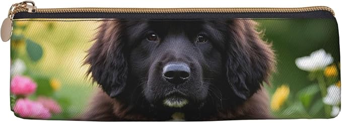 Leather Pen Case with Zipper - Aesthetic Pen Holder Cute Pet Newfoundland Dog Pencil Case for Women & Men - Handcrafted Pencil Bag Multi-Functional Travel Cosmetic Case for Work Office Tool Pouch