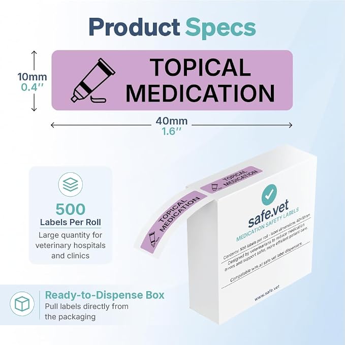 Dispensed Medication Veterinary Pharmacy Labels | Roll of 500 | Clinical-Grade Color-Coded Stickers for Medication Bottles (Topical Medication)