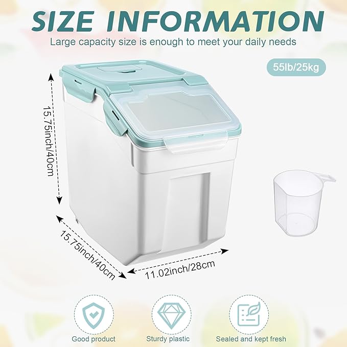 Sunnyray 4 Pcs 55 lbs Grain Rice Storage Container Flour Bin with Wheels Cup Leak Proof Pet Food Storage Boxes Seal Locking Lid Plastic Rice Containers Set for Cereal Flour Cat Dog Food (Blue)