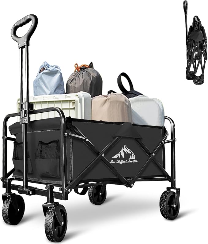 Foldable Wagon Cart, Collapsible Wagon Cart with Heavy Duty Wheels, 220Ibs Portable Folding Utility Wagon for Groceries, Beach, Camping, Outdoor Activities, Black