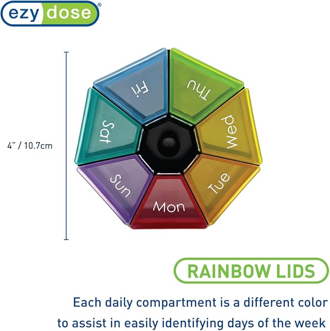Ezy Dose Weekly (7-Day) Pill Organizer, Medicine Planner, Rainbow/Black | Vitamin & Supplement Case/Box, Rounded Base with Spacious Compartments, Convenient & Easy to Use, Great for Travel, BPA-Free